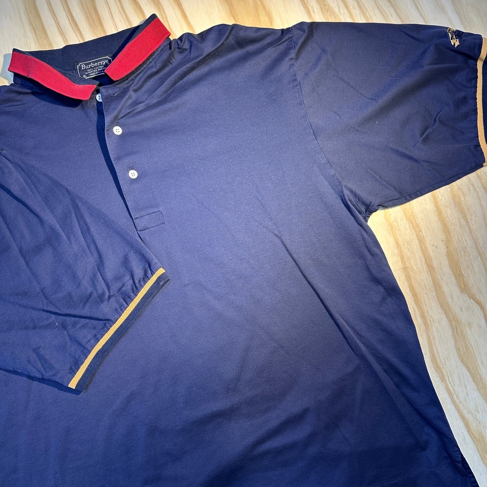Burberrys Men's Vintage Polo Shirt Navy Blue Red Collar Embroidered Top Size XL